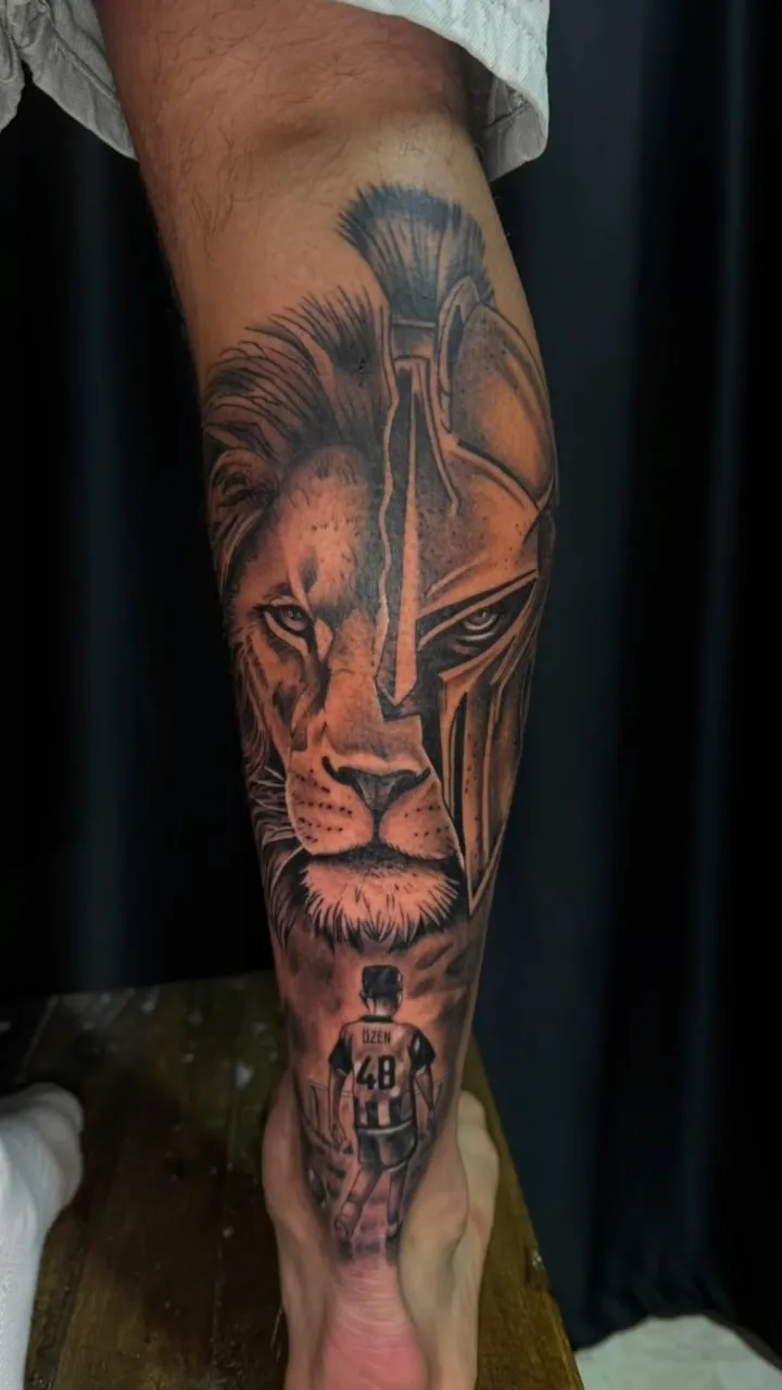 Black and grey Spartan warrior and lion realism tattoo