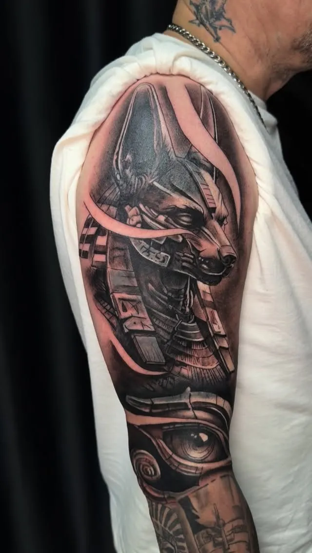 Black and grey Anubis warrior tattoo