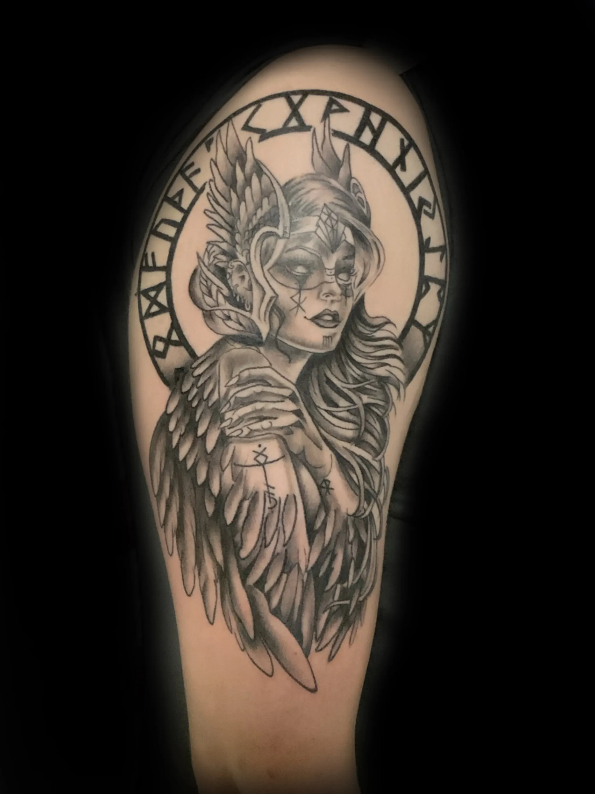 Black and grey angel warrior woman tattoo with wings