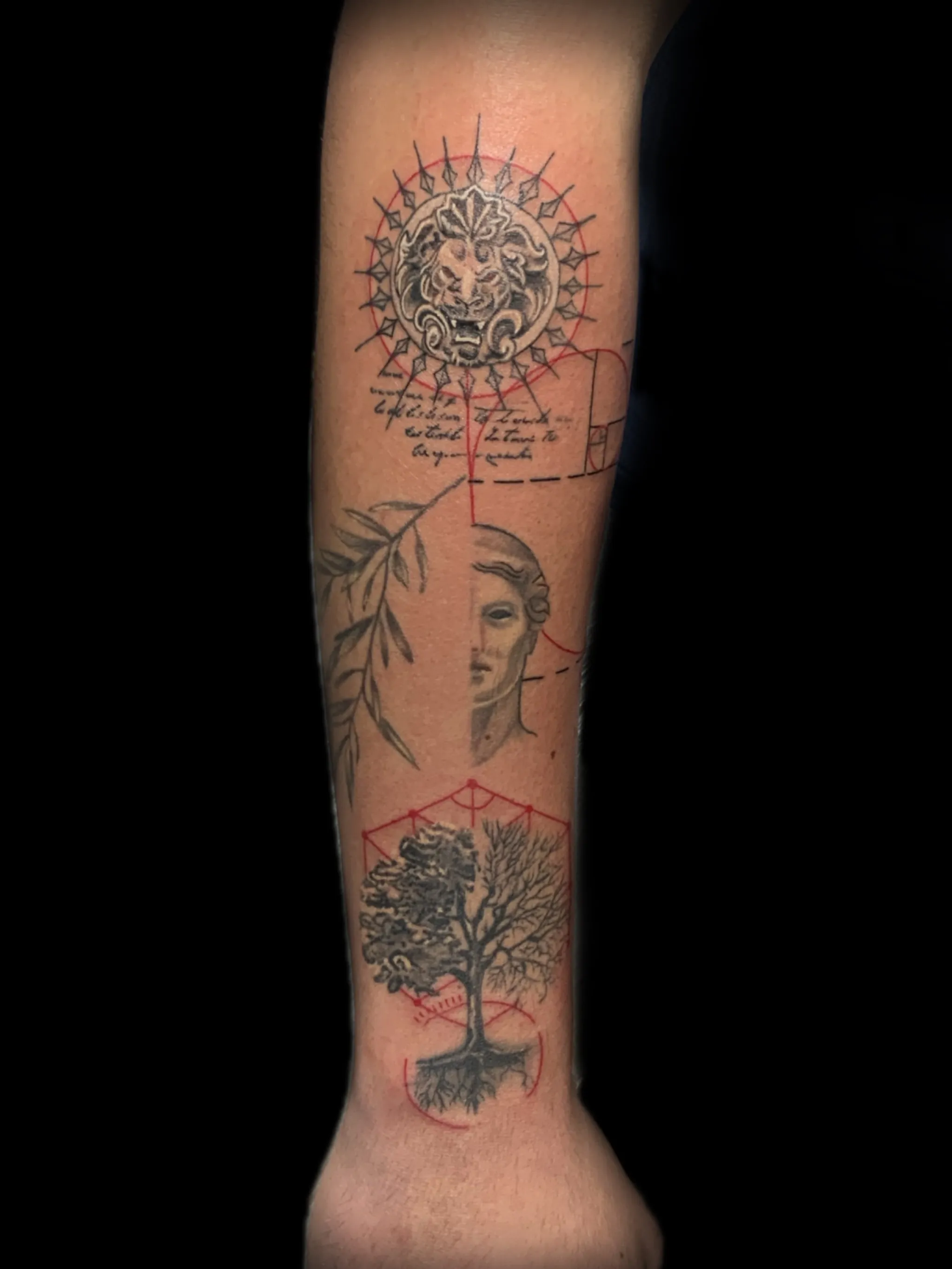 Geometric fine line tattoo with a woman, tree and sacred geometry